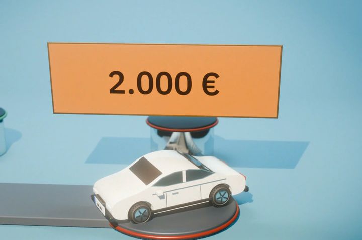 Film-Standbild: weißes Auto unter einem Schild „2.000 €“